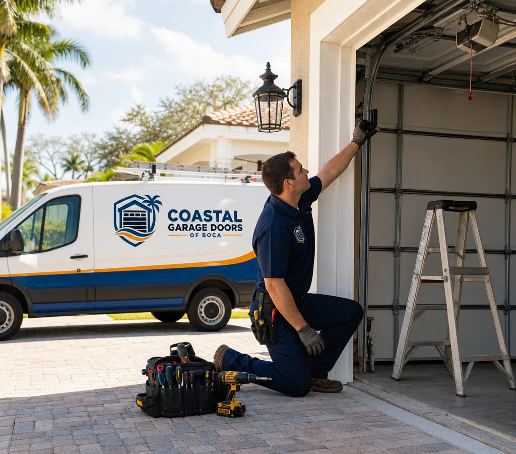 Technician inspecting a residential garage door and opener in a Boca Raton driveway