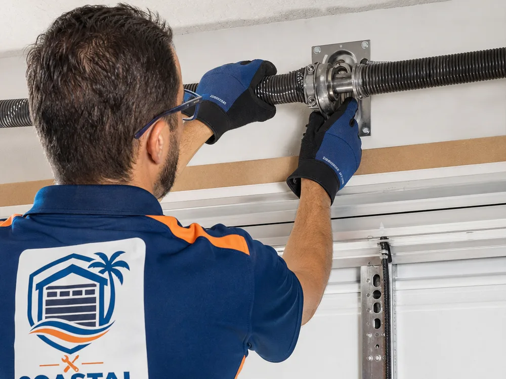 Technician checking a garage door torsion spring and center bearing plate