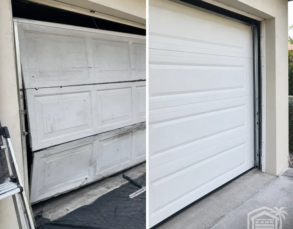 Before and after view of a damaged door replaced with an insulated sectional door