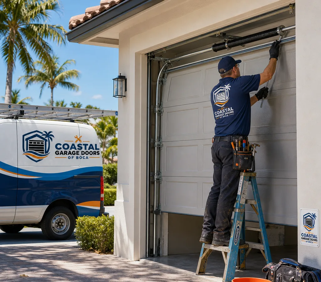 Technician installing a modern residential sectional garage door at a Boca Raton home