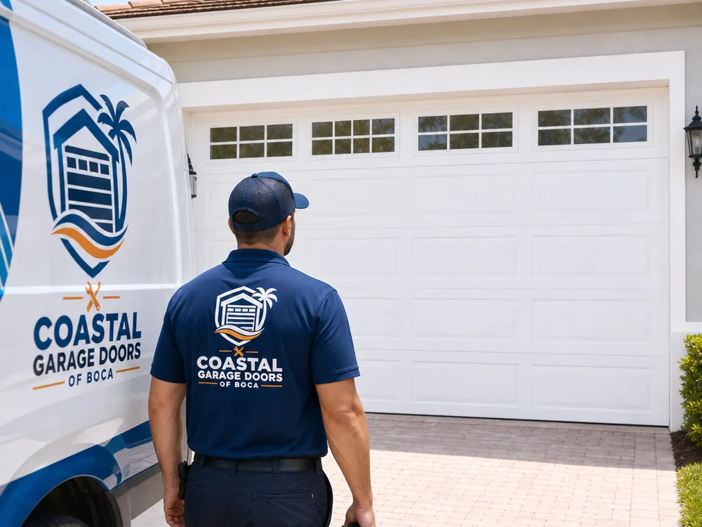 Completed two-car white sectional garage door installation with top windows