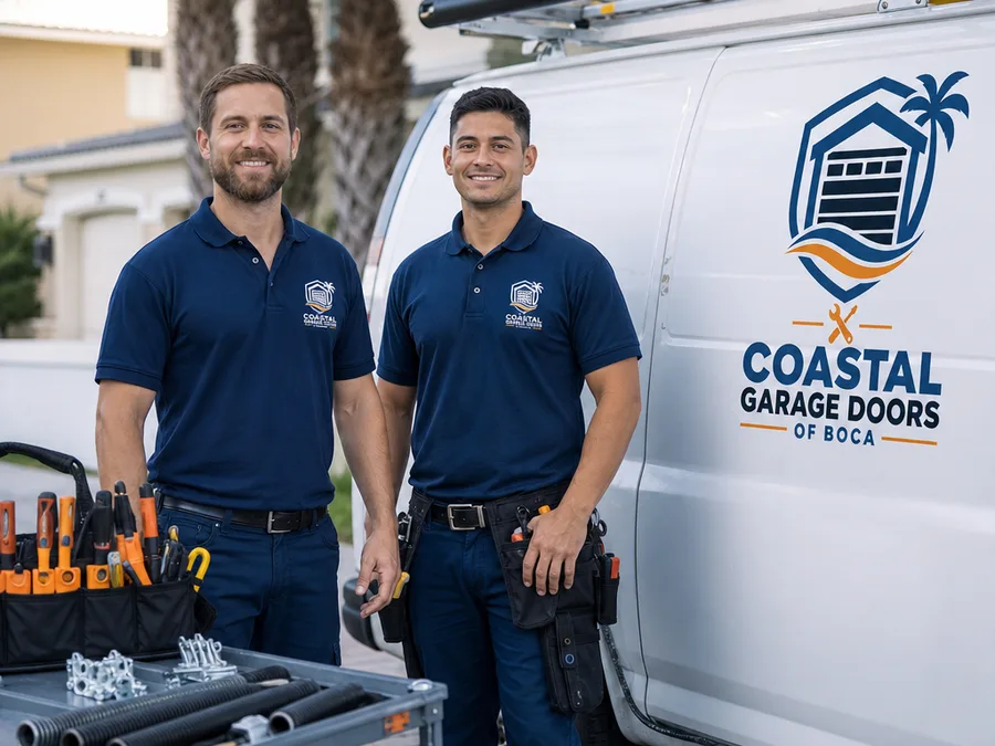 Two Coastal Garage Doors of Boca technicians beside an organized service vehicle